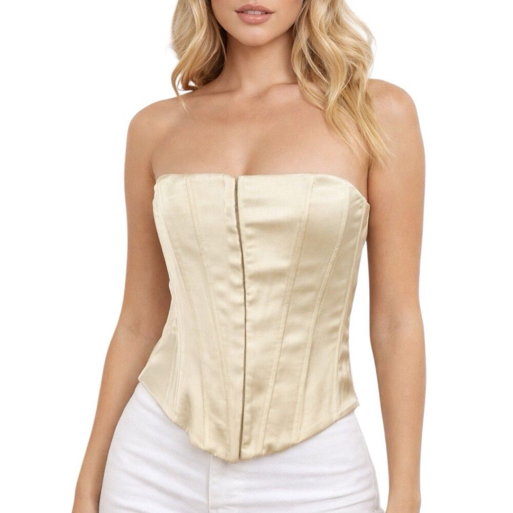 Zara Satin Strapless Bustier Champagne Boned Party Evening Corset Top